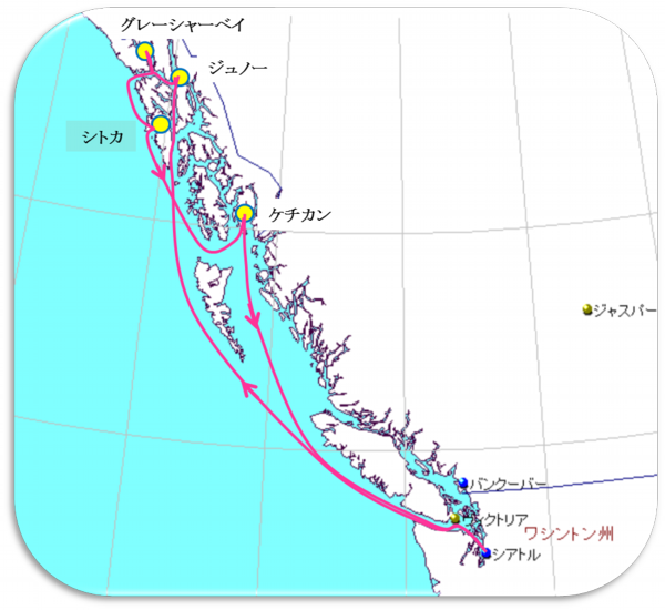 アラスカクルーズ航行地図